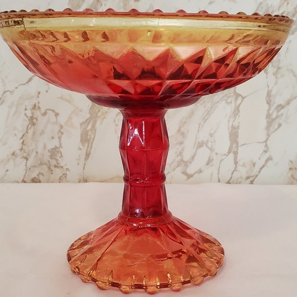 Vtg/MCM/Retro yellow/red Ambrosia Glass Pedestal Candy Dish - Picture 2 of 6